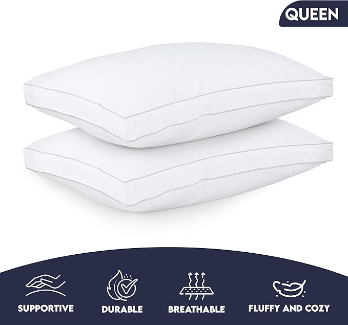 Utopia Bedding Bed Pillows for Sleeping Queen Size (White), Set of 2, Soft & Fluffy Pillow with Down Alternative Filling, Cooling, Hotel Quality, Gusseted Pillow for Back, Stomach or Side Sleepers
