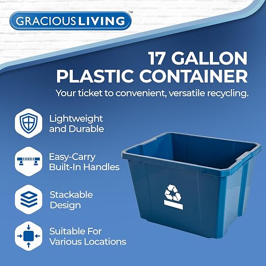 Gracious Living Medium Curbside Blue Box, Plastic 17 Gallon/64 Litre Home Trash Can Refuse and Recycling Bin Container with Built-in Handles (1 Pack) - Image 3