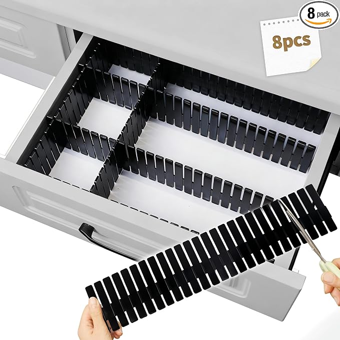 Drawer Divider Adjustable Diy Storage Organizer Separator for Tidying Clutter Cutlery Makeup Clothes of Dresses, Desk & Box in Kitchen Bathroom Bedroom Office (Cut at Will) (Black 8pcs) by Bofoho