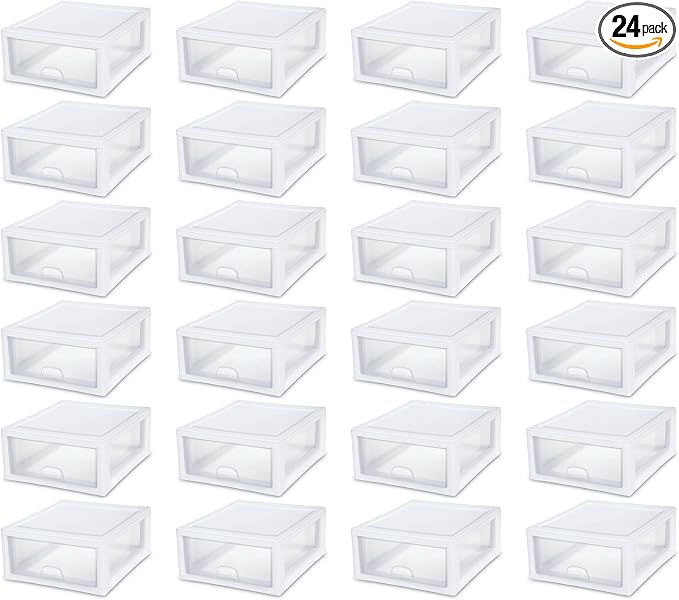 Sterilite 24-Pack 16 Quart Stacking Drawer, Clear Storage Closet Organizer, White Frame - Stackable Modular Plastic Drawers for Clothes, Accessories, Craft Supplies, Shoes or Linens by Sterilite