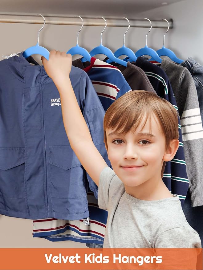 HOUSE DAY 14 Inch Kids Velvet Hangers 50 Pack, Durable Big Kids Hanger for Youth, Non Slip Kid Felt Hangers, Cute Childrens Hanger for Closet, Blue - Image 2