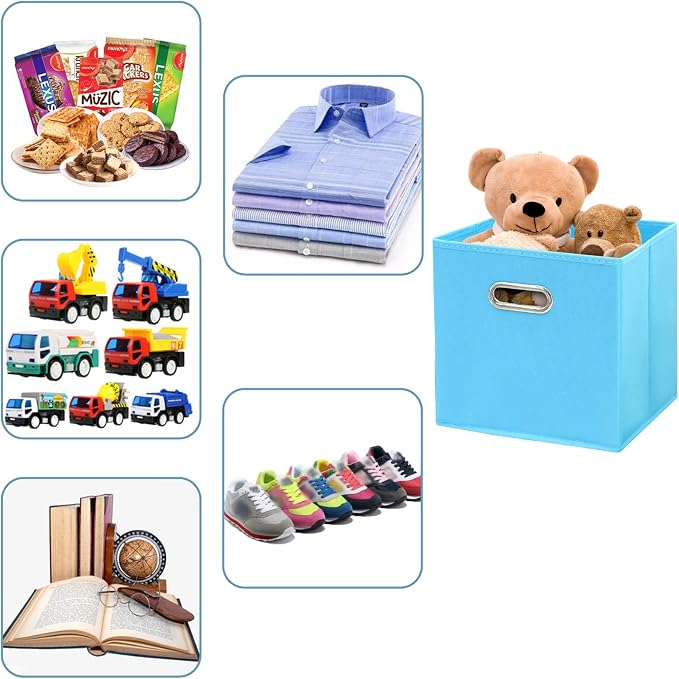 Fabric Cubby Storage Bins - 13x13x13 Inches, Foldable Cube Organizer Bins with Dual Handles - Set of 6, Blue - Image 3