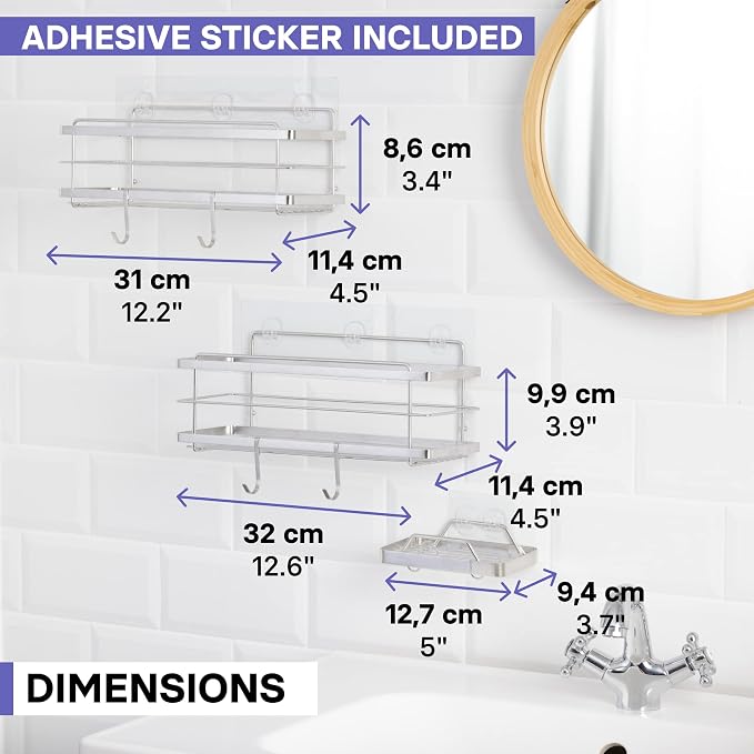KINCMAX Premium Shower Caddy with Soap Holder, 2-Pack Adhesive Organizer, No Drill Bathroom Shelves, Rustproof Stainless Steel Shelves for Inside Shower, Storage Rack, Silver - Image 7