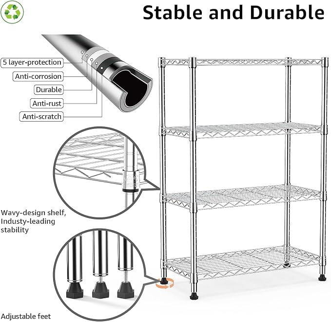 M MZG 1000 lbs Storage Shelving 4-Tier Utility Shelving Unit Steel Organizer Wire Rack for Home,Kitchen,Office,Chrome (13.7" D x 23.6" W x 53.4" H) - Image 4