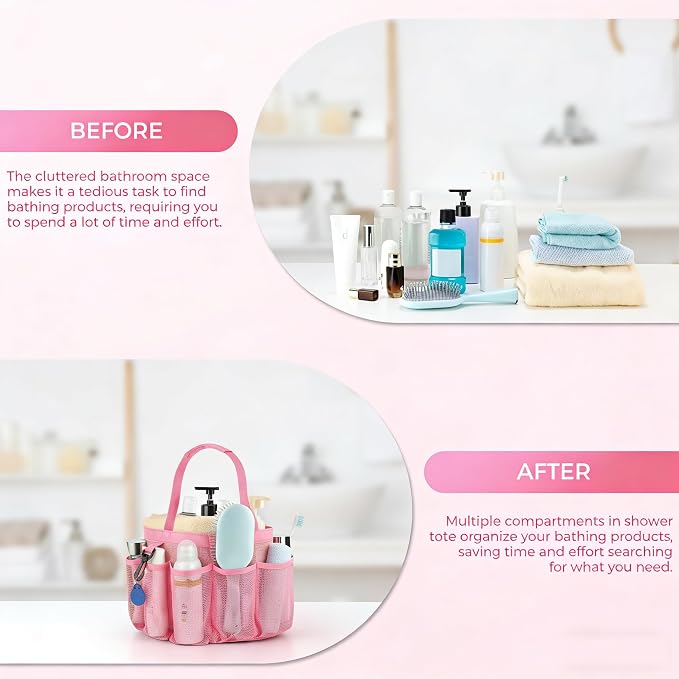 Mesh Shower Caddy Portable for College Dorm Room Essentials,Hanging Shower Caddy Dorm Basket with 8 Pockets,Quick Dry Shower Bag for Bathroom,Beach,Swimming,Gym (Light Pink) - Image 4