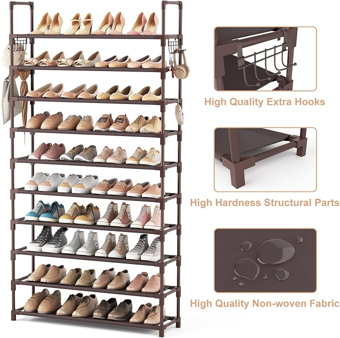 VTRIN 10 Tiers Shoe Rack Tall Large Capacity Wide Shoe Organizer Sturdy Shoe Shelf for Entryway with Two Hooks Metal Shoe Storage for Closet, Bedroom, Brown - Image 4
