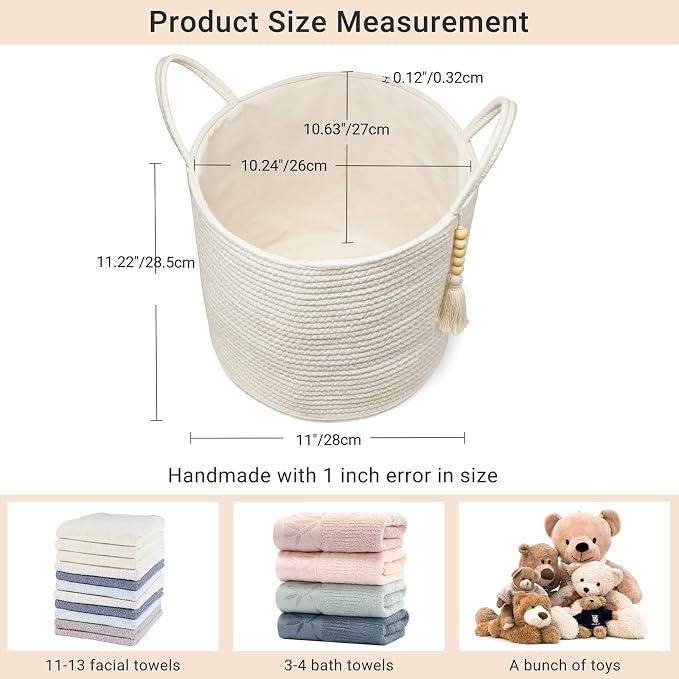 Mkono Woven Storage Basket with Handles Decorative Cotton Rope Basket Wooden Bead Decoration for Blankets,Toys,Clothes,Living Room Home Decor, 11", White - Image 5
