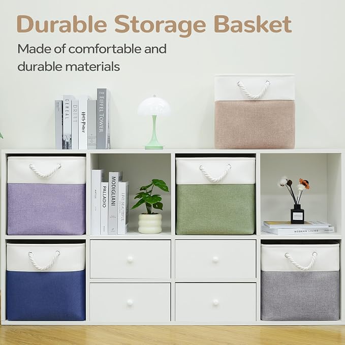 12 x 12 Inch Cube Storage Bins, 4 Pack Fabric Storage Basket with Handles, Foldable Boxes Organizer for Shelf Baskets for Home, Clothes (White/Khaki) - Image 6