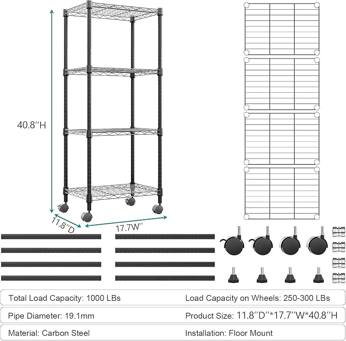 M MZG 4-Shelf Adjustable Heavy Duty Steel Wire Rack, Adjustable Storage Shelving Unit with Wheel for Kitchen, Garage, Laundry Black 11.8" D x 17.7" W x 40.8" H - Image 3