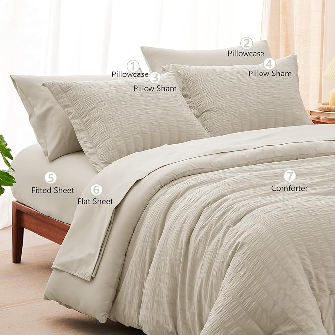 CozyLux Full Size Comforter Sets with Sheets 7 Pieces, Oatmeal Seersucker Bed in a Bag Textured Luxury Soft Bedding Sets with Down Alternative Comforter, Sheets, Pillowcases & Shams for All Season