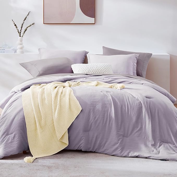 WRENSONGE Full Size Comforter Set- 7 Pieces Lilac Bed in a Bag Full Size Comforter with Fitted Sheet, Flat Sheet, 2 Pillow Shams, 2 Pillowcases, Warm Bedding Sets for All Season