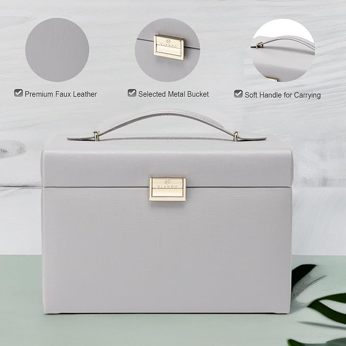 Vlando Mirrored Jewelry Box Organizer, Leather Jewelry Storage Case, Necklaces Earrings Rings Brackets Box Holder, Light Gray - Image 2