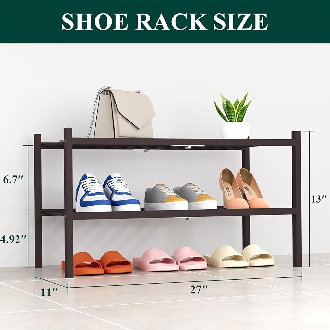 Smiry Shoe Rack, 2 Tier Thick Bamboo Shoe Organizer, Stackable Free Standing Wooden Shoe Storage Shelf for Closet, Entryway, Front Door Entrance, Brown - Image 2