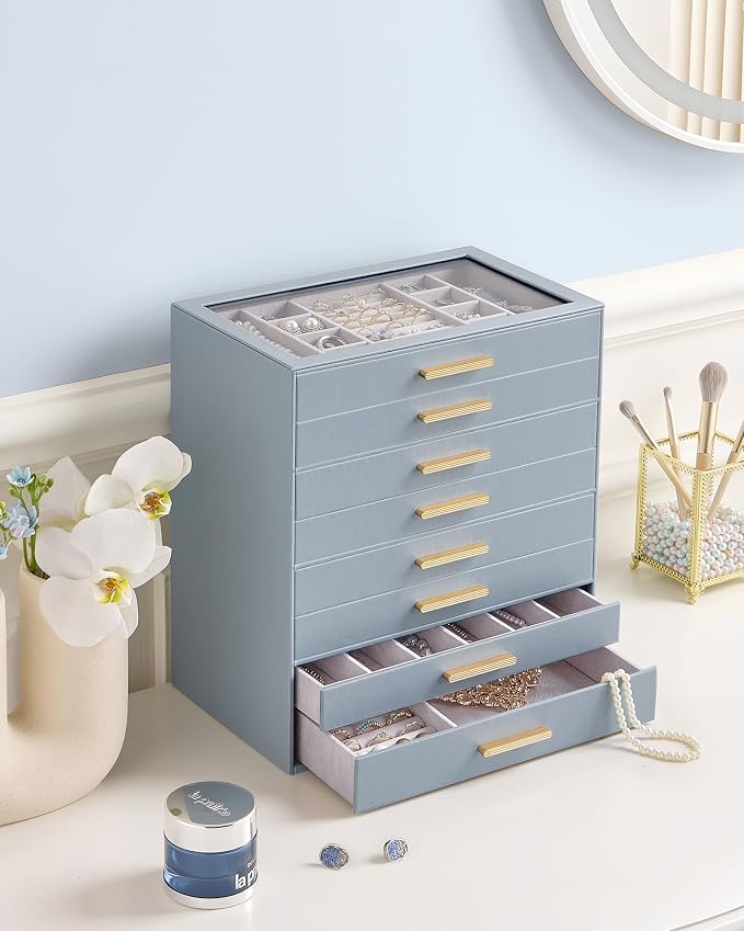 Lolalet Jewelry Box Organizer, 8-Layer Jewelry Organizers and Storage Case with Glass Lid, Ring Earring Bracelet Necklace Holder Organizer, Birthday Valentine Gifts for Women Girls -8Layer, HazeBlue - Image 2