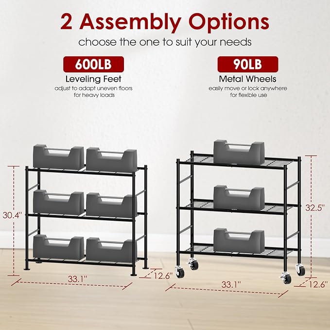 Sakugi Storage Shelves Organizer - 3 Tier Metal Shelf Organizer with Metal Wheels and Adjustable Leveling Feet, Heavy Duty Garage Shelving for Kitchen, Pantry and Closet, 33.1"x12.6"x32.5", Black - Image 3
