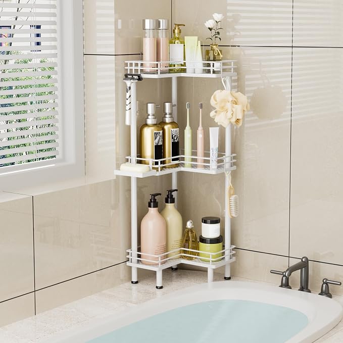 Consumest Corner Shower Caddy Standing - 3-Tier Stainless Steel Shower Organizer with Soap Holder and 4 Hooks, Large Capacity Corner Shelf Stand for Bathroom, Rest Room, White - Image 5
