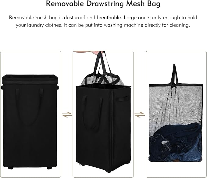 DOKEHOM 90L X-Large Laundry Basket with Removable Wash Bag on Wheels, Collapsible Rolling Laundry Hamper, Foldable Clothes Organizer, Folding Washing Bin (Black) - Image 8