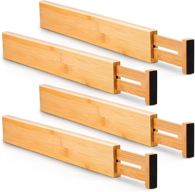 Utoplike 4 pcs Bamboo Kitchen Drawer Dividers Large, Adjustable Drawer Organizers, Spring Loaded, Expandable Organization Works in Kitchen, Dresser, Bathroom, Bedroom, Drawer, Desk by Utoplike