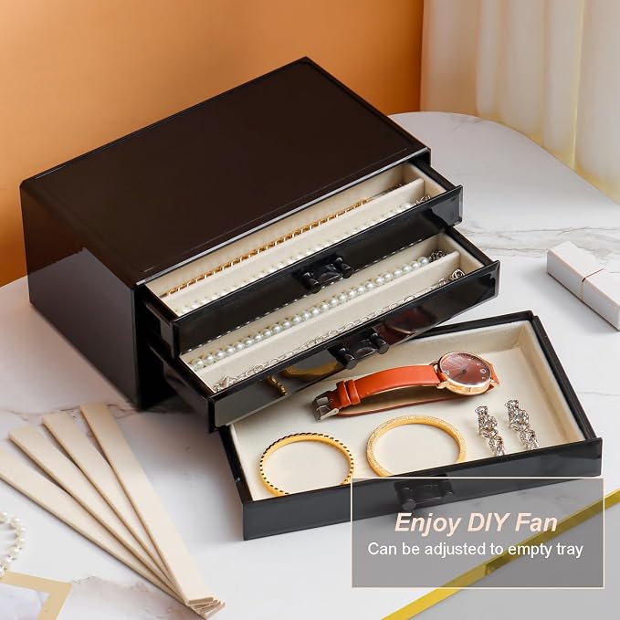 YUFONG Necklace Holder Organizer, Dustproof Necklace Box Velvet Necklace Organizer Box with Lid Clear Acrylic Dustproof Stackable Jewelry Displays for Necklaces Chain Display (Black Beige, 3 Drawer) - Image 5