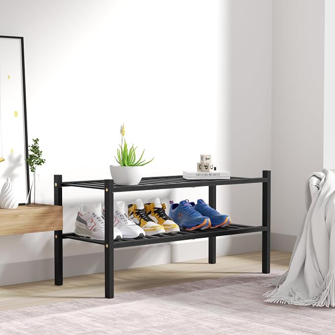ROMGUAR CRAFT 2 Tier Bamboo Shoe Rack for Closet Free Standing Wood Shoe Shelf for Entryway Small Space Stackable 27"x11"x13" (Black) - Image 7