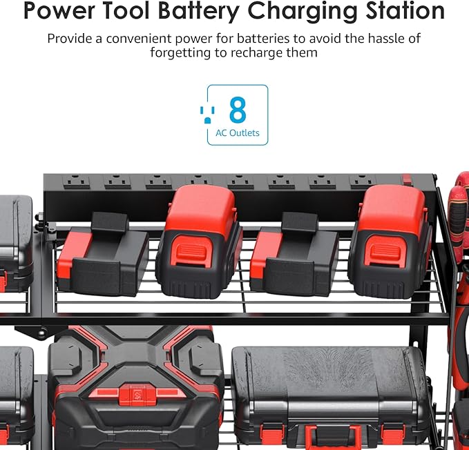 CCCEI Large Garage Tools Storage with Charging Station. Power Tool Battery Organizer Utility Shelf with Power Strip. 4 Drills Holder Wall Mount Rack. - Image 2