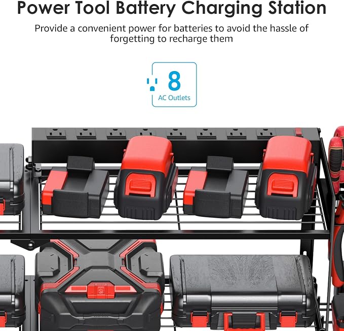 CCCEI Large Garage Tools Storage with Charging Station. Power Tool Battery Organizer Utility Shelf with Power Strip. 4 Drills Holder Wall Mount Rack, Black 3 Layer. - Image 2