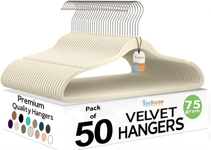 Techzoo 50 Pack New Premium Quality Velvet Hangers Ultra Thin Non Slip Adult Felt Space Saving Hangers for Closet Heavy Duty Coat Pants Jackets Dress Hangers 360° Swivel Hook Hold Upto 10 lbs Ivory by TECHZOO