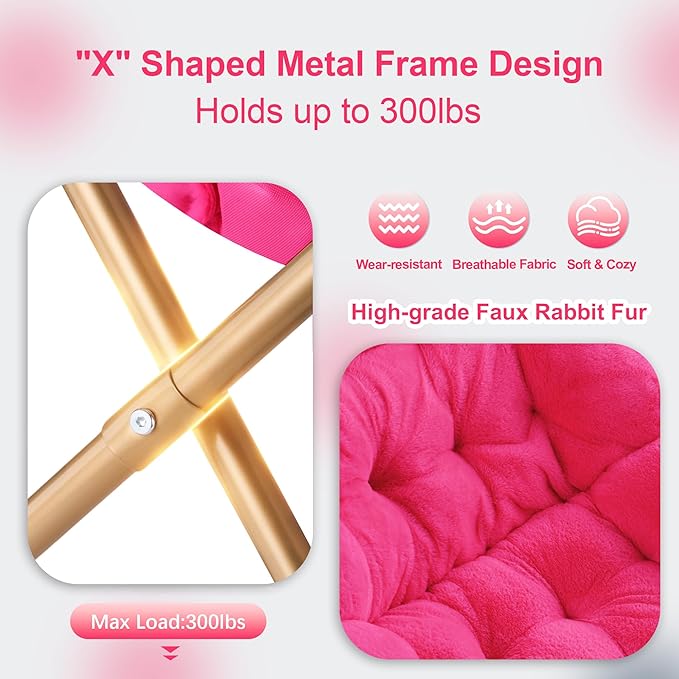 Kasunpul Comfy Saucer Chair, Foldable Living Room Chairs, Soft Faux Fur Lounge Chair for Bedroom, Reading Chairs for Adults, Teens, X-Large (Hot Pink)