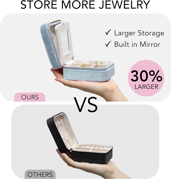 BLUTETE Travel Jewelry Box Organizer Velvet Travel Case With Mirror Ring Earrings Necklaces Storage Organizer Box (Sky Blue) - Image 3