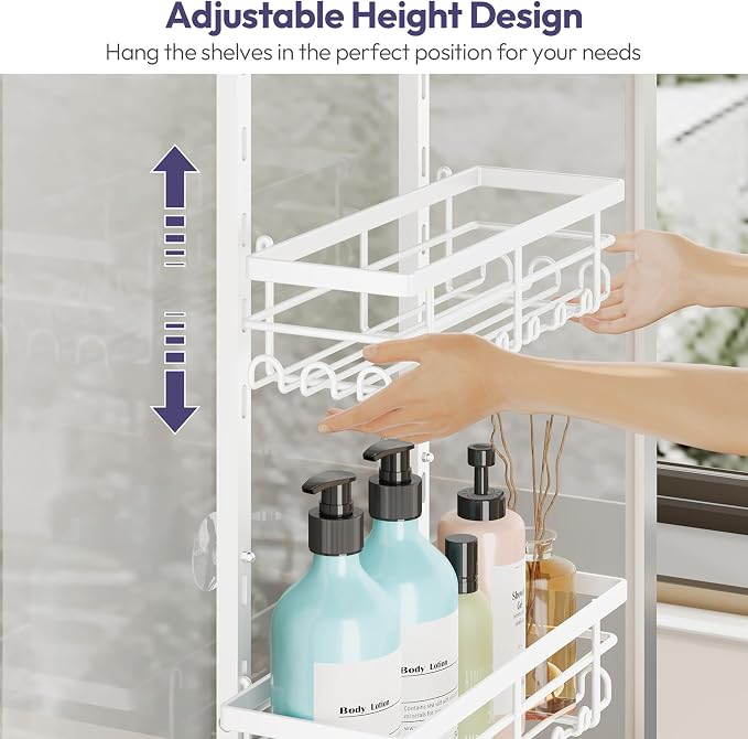 SWTYMIKI Over The Door Shower Caddy - 3 Tier Rustproof Hanging Shower Organizer with Adjustable Shelves, 28 Hooks & Soap Holder, Hanging Shower Rack Storage for Bathroom Accessories, White - Image 3
