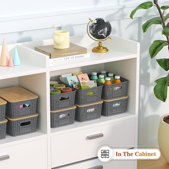 Plastic Storage Baskets With Bamboo Lid - Plastic Storage Containers Stackable Storage bins: Storage Baskets for Organizing Shelves Drawers Desktop Closet Playroom Classroom Office, 6 Pack, Gray - Image 4