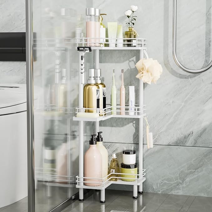 Consumest Corner Shower Caddy Standing - 3-Tier Stainless Steel Shower Organizer with Soap Holder and 4 Hooks, Large Capacity Corner Shelf Stand for Bathroom, Rest Room, White - Image 4
