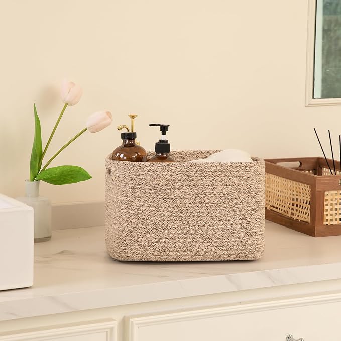 OIAHOMY 4 Pack Storage Baskets for Organizing, Cube Storage Bins for Shelves, Rectangle Storage Baskets With Handles, Woven Baskets for Storage, 16''Lx12''Wx8''H, Brown - Image 5