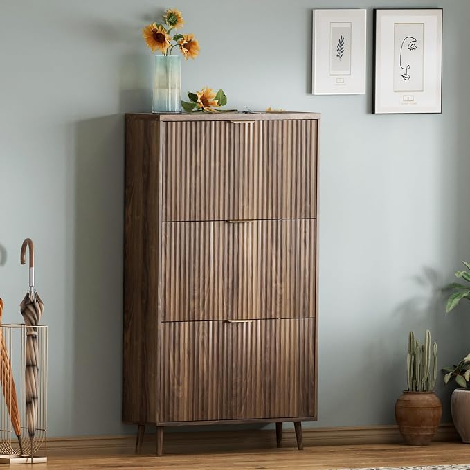 Shoe Cabinet Storage,Modern Freestanding Organizer with 3 Flip Drawers,Narrow Shoe Rack Cabinet for Entryway,Walnut - Image 7