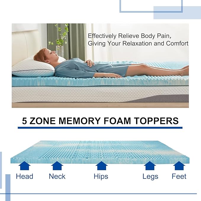 SINWEEK 1.5 Inch Mattress Topper 5-Zone Memory Foam Mattress Topper Pressure Relieve Soft Mattress Pad, CertiPUR-US Certified, King Size Blue