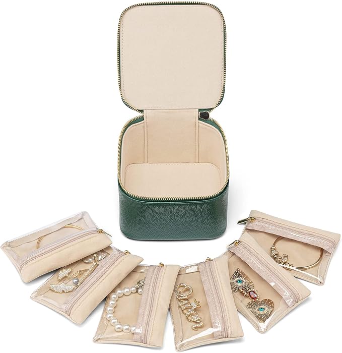 VLANDO Jewelry Travel Case,Travel Jewelry Organizer with Clear Velvet Jewelry Bags 6Pcs Zipper Pouch for Women Girl Christmas Wedding Gift-Green by VLANDO