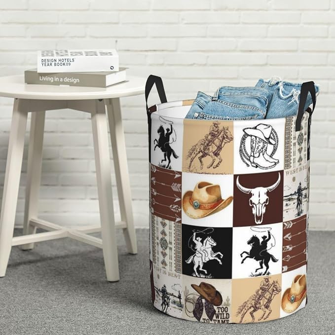 Laundry Basket Room Decor,Round Laundry Hamper Waterproof Dirty Clothes Hamper Collapsible Laundry Baskets With Handles,Toy/Clothes Storage Basket For Home Dorm Bathroom Decor (Western) - Image 7