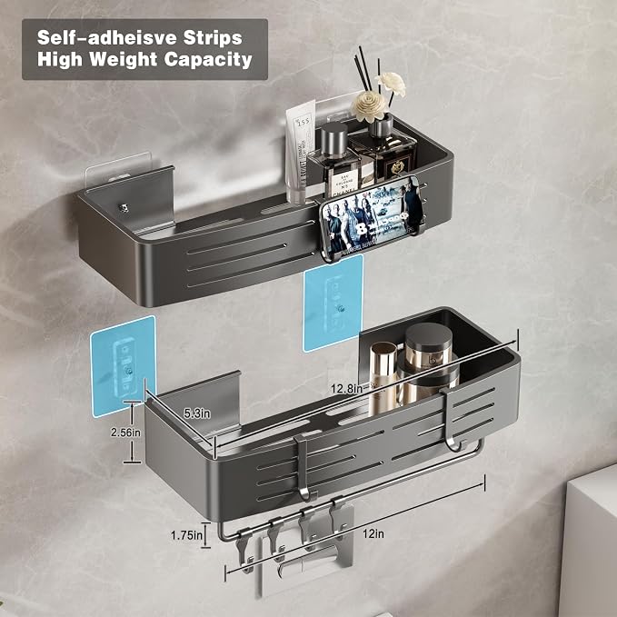 Voldra Adhesive Shower Caddy, 2 Pack Shower Shelves for Inside Shower No Drilling, Aluminum Stick On Showers Organizer with Towel Bar & Hooks Removable Bathroom Shelf Storage Rack(Gray) - Image 6