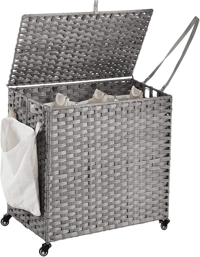 Laundry Hamper with Wheels, 39.6 Gallon(150L) Rolling Laundry Basket with Lid, 3-Section Rattan Clothes Hamper with 3 Removable Liner & 3 Mesh Bags, Laundry Sorter with Side Pocket, Grey by Hiagnete
