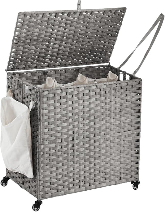 Laundry Hamper with Wheels, 39.6 Gallon(150L) Rolling Laundry Basket with Lid, 3-Section Rattan Clothes Hamper with 3 Removable Liner & 3 Mesh Bags, Laundry Sorter with Side Pocket, Grey by Hiagnete