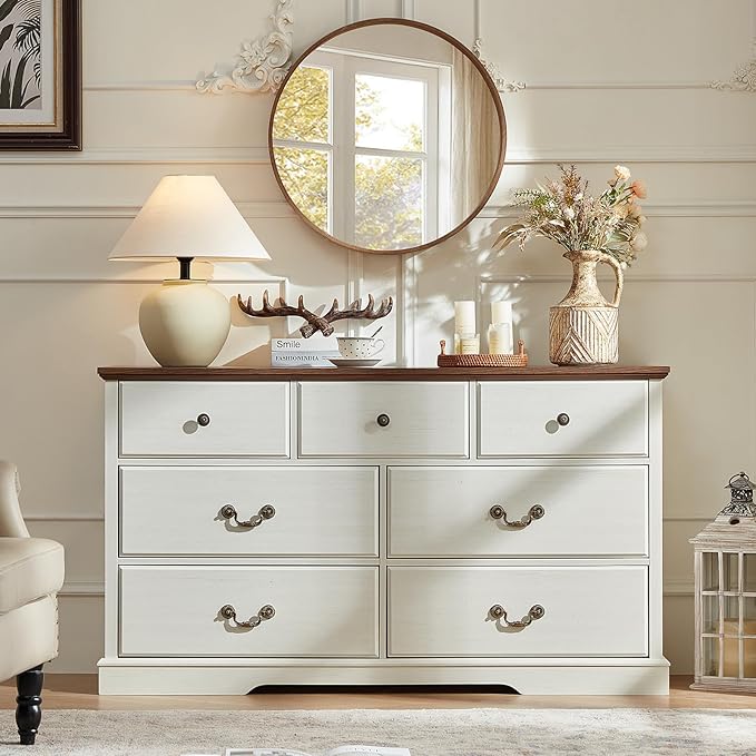 Farmhouse Dressers & Night Stand Set of 3,54" Wide 7 Drawer Dresser & 45" Tall Chest of Drawers, 18" Wide 2 Drawers End Table with Charging Station,Furniture Dresser Sets for Home,White