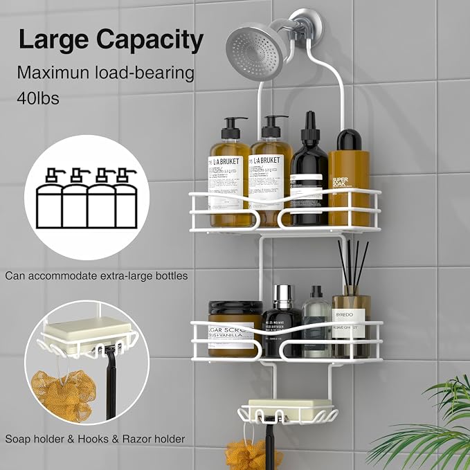 DAOYA Over Head Shower Caddy - Bathroom Shower Organizer with Soap Holder & 6 Hooks for Towels, White, 76L Capacity, Hanging Mount, Rust Resistant - Image 2