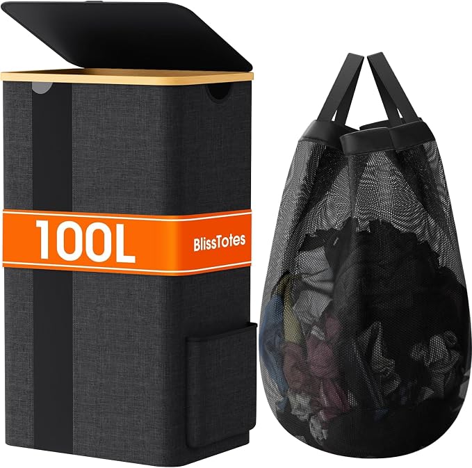 BlissTotes Laundry Basket with Lid, 100L Clothes Laundry Hamper with Handles and Removable Laundry Bag, Breathable Design Hamper with Lid for Bedroom, Bathroom, Dorm, Laundry Room - Dark Grey by BlissTotes