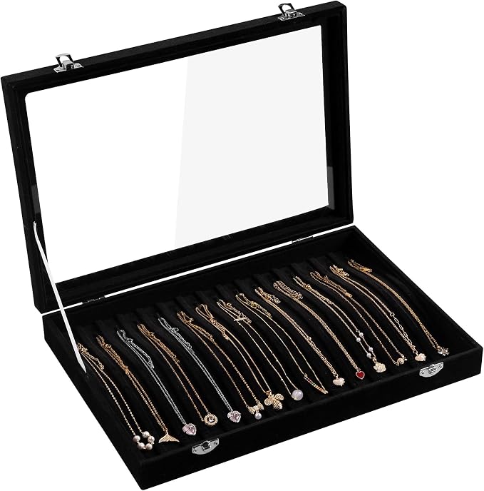 Frebeauty 15 Hooks Necklace Tray Velvet Neckalce Organizer with Clear Lid Lockable Necklace Holder Box Jewelry Organizer for Pendants Chains Necklace Jeweley Tray for Women Girls(Black) by Frebeauty