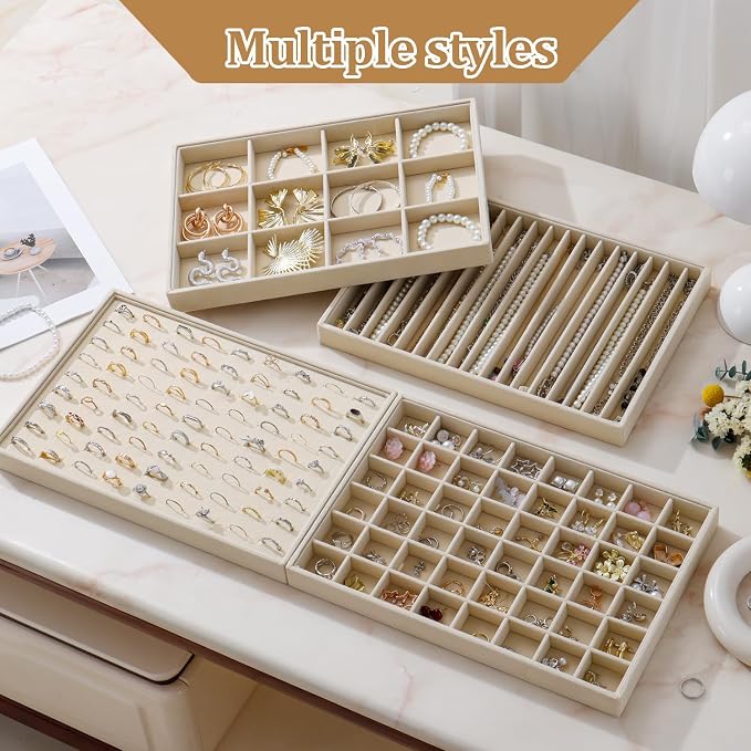 Large Velvet Jewelry Tray 2 Pack Stackable Jewelry Display Drawer Inserts Trays Organizer for Earring Bracelet Necklace Ring (Beige, 48 Grids) - Image 7