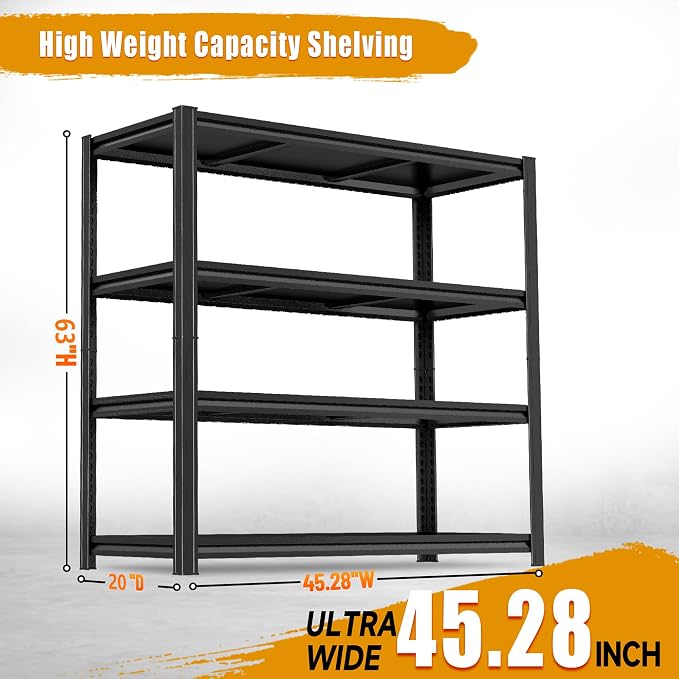 Garage Shelving,Heavy Duty Metal Garage Storage Shelves, Metal Shelving, 3000 lbs Adjustable Standing Shelf and Double-Layer Posts for Garage,Warehouse,Basement (63×45.28×18n-5 Tier) - Image 2
