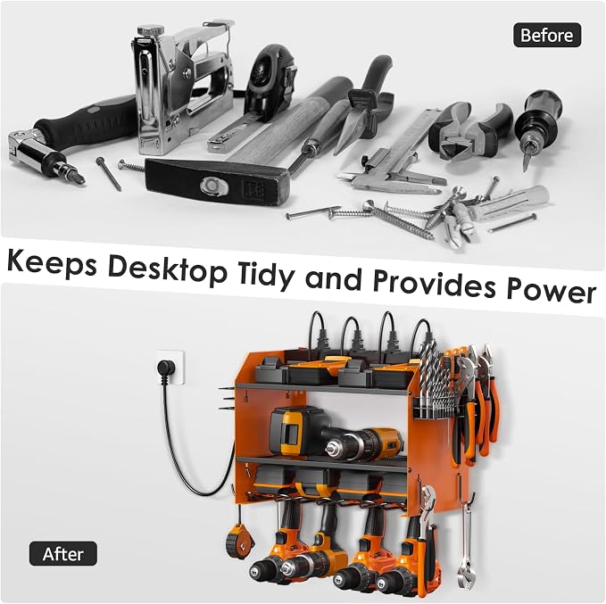 CCCEI Modular Power Tool Organizer Wall Mount with Charging Station. Garage Drill Storage Shelf with Hooks, Heavy Duty Rack, Tool Battery Holder Built in 8 Outlet. Gift for Men. Orange, 1 Pack. - Image 4