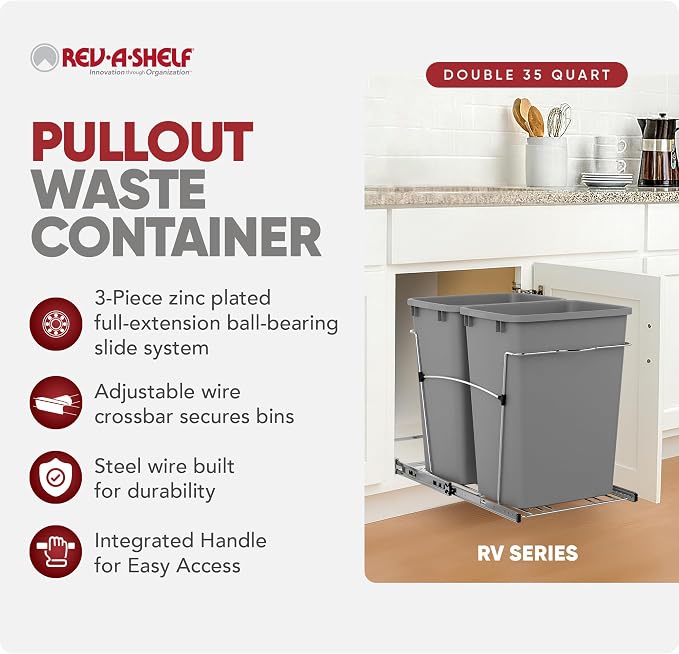 Rev-A-Shelf Double Pullout Trash Can for Kitchen Cabinets 35 Qt Garbage Recycling Bin on Full-Extension Slides, Silver, RV-18KD-17C S - Image 2