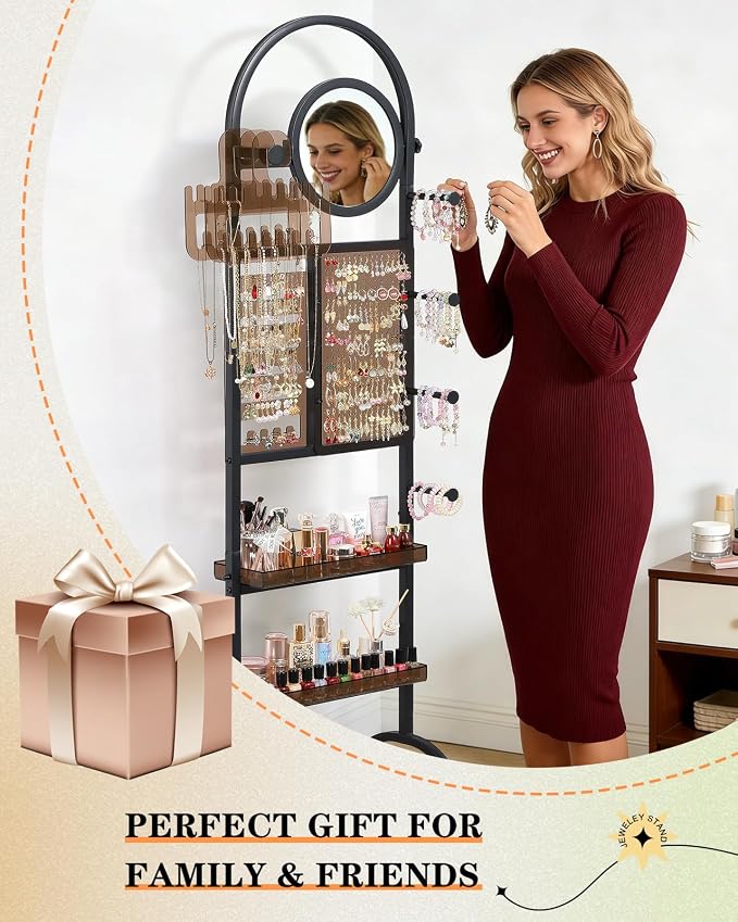 Mirror Jewelry Cabinet Standing, Jewelry Organizer and Storage with Jewelry Mirror, Jewelry Armoire with Earring Organizer Necklace Holder Bracelet Display, Large Tall Stand Up Jewelry Box Stand Tree - Image 8