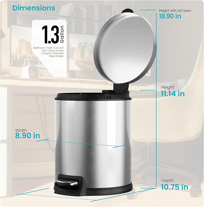 Home Zone Living 1.3 Gallon Bathroom Trash Can with Soft-Close Lid and Compact Stainless Steel Design - Image 7